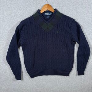 Polo Ralph Lauren Mens Navy Cable Knit V-Neck Sweater Small Hong Kong Vintage